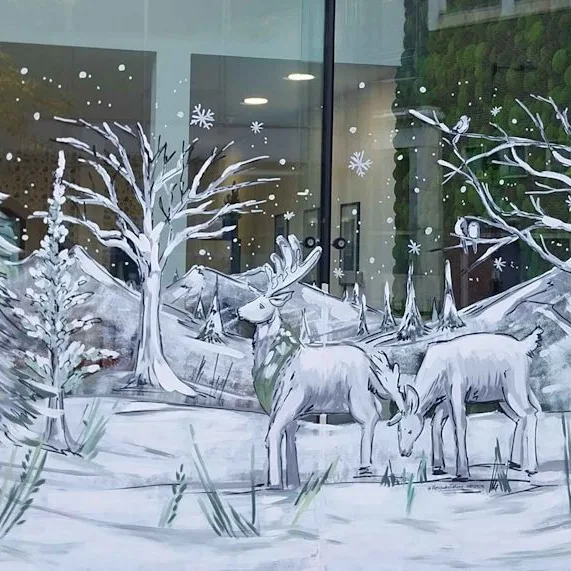 Hand-painted Spring window scene.